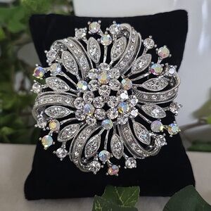 Vintage Statement Silver Aurora Borealis & Clear Rhinestone Floral Brooch Pin